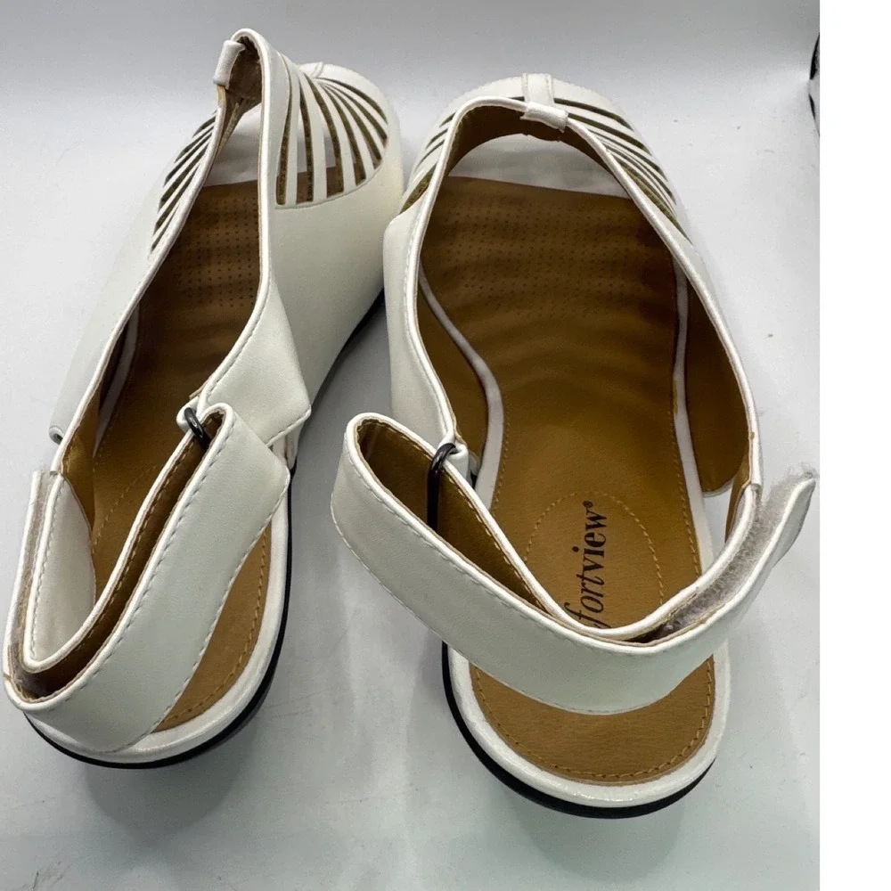 Comfortview‎ Suki White Gladiator Cage Sandals Slingback Wedge Womens 10.5 WW